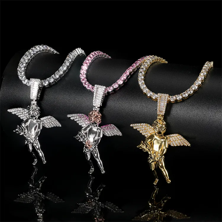 Hip Hop Personality Cupid Pendant Gold Plated Stainless Steel Angel Pendant Wine Bottle Zircon Diamond Necklace