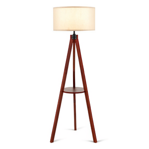 Lámpara de Pie de Madera con Pantalla de Tambor Beige, Base E26, Diseño de Mediados de Siglo, Tamaño Grande - Product Image 1