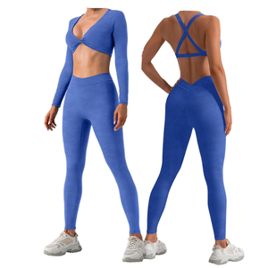 Women Premium Cobalt Blue Seamless Yoga Set with Twist Front Long Sleeve Crop Top and <b>Booty</b> Scrunch High Waist Fitness <b>Leggings</b> - Product Image 1