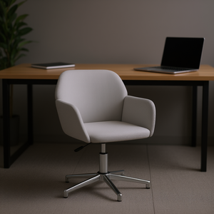 Chaise de bureau pivotante en velours gris clair avec accoudoirs fixes, base chromée, réglage manuel, design contemporain - Product Image 2