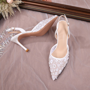2025 Satin Women Stiletto Pointed Toe Wedding <b>Shoes</b> Bead <b>Shoes</b> Wedding High Heels - Product Image 2