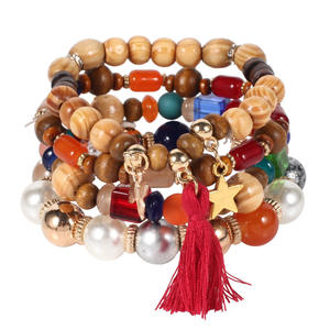 <b>Beaded</b> <b>Bracelets</b> Women's Wood Imitation Pearl Bohemia Style Multi Layer With Tassel Star Butterfly Charm Gift Jewelry - Product Image 5