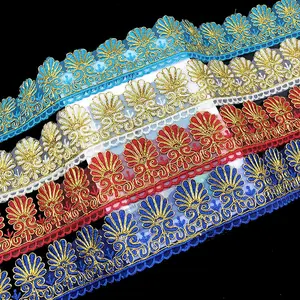 Ready To Ship Ethnic Design Curtain Lace Decorative Gold Metallic Yarn Embroidery Lace Trim Colorful Border Lace Trim