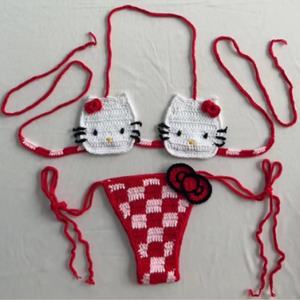 ชุดบิกินี่ถักโครเชต์สีชมพูลายการ์ตูนทำมือ Carnival แบบดันทรง ชุดว่ายน้ำผู้หญิง 2 ชิ้น แบบ Thong ด้านหน้า - Product Image 2