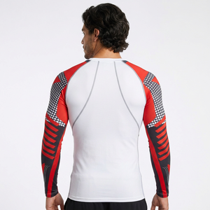T-shirt de compression pour homme à manches longues, col rond, coupe ajustée, imprimé géométrique sportif, respirant, séchage rapide, blanc, rouge, noir - Product Image 2