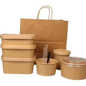 OEM Kraft paper bowl takeout boxes disposable for wood pulp Rectangular Paper Food bowl container supplier with lid