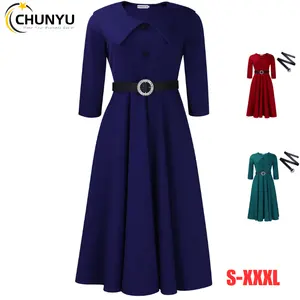 Women's Elegant Fashion Long Sleeve High Waist Buttons Slim Fit A-Line Big Swing Lapel Solid Color Dress with Belt