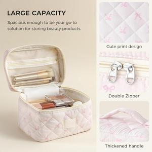 Custom Quilted Cotton Make up <b>Bag</b> Travel Cosmetic <b>Bag</b> Large Cute Bow Makeup <b>Bag</b> - Product Image 3