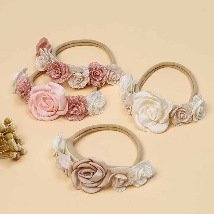Handmade Baby Girl Headband With Bow - Beige Floral Lace & Polka Dot Newborn Headband - View #6