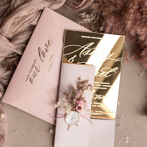 Invitations de mariage en acrylique miroir personnalisées Impression UV Enveloppe en feuille <span class=keywords><strong>d</strong></span>'or avec sceau de cire de fleur sèche pour anniversaires - Product Image 5