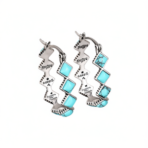 Pendientes de aro tipo aro con turquesa, engaste geométrico en oro blanco, estilo bohemio para mujer E3390 - Product Image 1