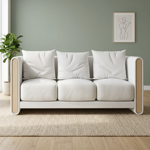 Canapé trois places minimaliste avec revêtement en tissu et accoudoirs en bois pour salon - Product Image 2