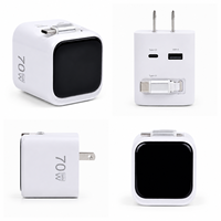 Chargeur mural GaN 70W avec cordon Type C rétractable de 80 cm, indicateur LED circulaire lumineux, adaptateur de voyage USB-A 18W pour MacBook