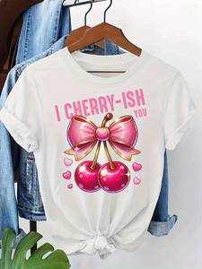 T-shirt da donna con stampa ciliegie, manica corta, girocollo, vestibilità ampia, top casual estivo con fiocco, motivo ciliegie rosa - Product Image 3