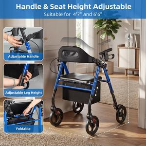 <span class=keywords><strong>Andador</strong></span> con <span class=keywords><strong>Ruedas</strong></span> y Asiento con Respaldo, Portavasos y Bolsa de Almacenamiento, Plegable, Ajustable, con Capacidad para 350 lb, para Personas Mayores - Product Image 3
