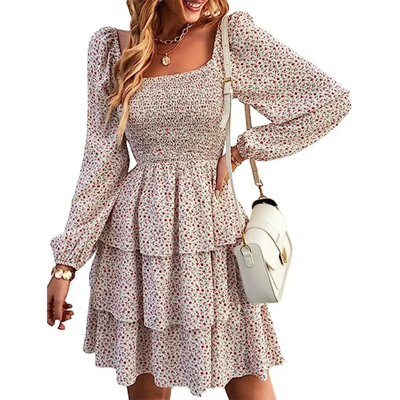 Women 2023 Spring Summer Square Neck Smocked Dresses Long Sleeve Floral Swiss Dot Ruffle Party Mini Babydoll Dress