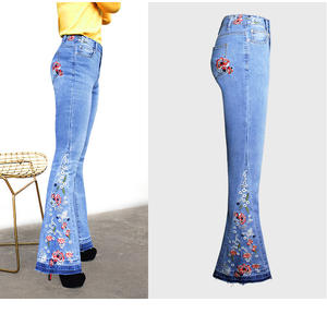 Jeans en denim de haute qualité pour femmes, taille EU, jeans brodés de <span class=keywords><strong>fleurs</strong></span> à fond cloche - Product Image 1