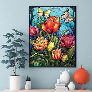Kit di Pittura Diamantata SONGWOO 5D Stile Vetro Colorato <span class=keywords><strong>con</strong></span> <span class=keywords><strong>Tulipani</strong></span> e Farfalle, Kit Fai-da-Te <span class=keywords><strong>con</strong></span> Diamanti Completi - Product Image 1