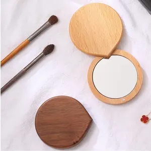 Festive Custom Gift Wooden Portable Rotating Small Mirror Hd Handheld Mirror Sliding Cover Mini Simple Makeup Mirror