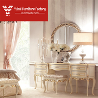 Meuble de chambre à coucher, grande coiffeuse en bois massif gravée à la main avec miroir de maquillage