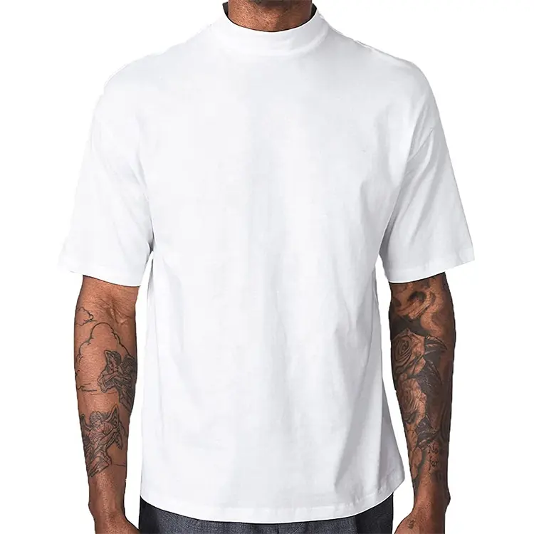 Custom Losse Casual Heren T-Shirt Zwaar Katoen T-Shirt Mock Hals Zeefdruk Grafisch T-Shirt