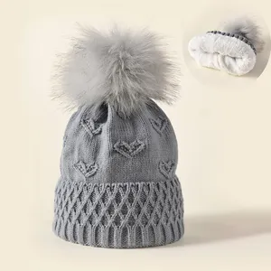 HZM-23263 New ladies heart woolen cap solid color faux fur ball velvet warm knitted pom poms winter hat for women girl beanies