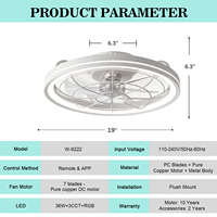 Ventilateur de plafond intelligent moderne de 19 pouces avec lumière, télécommande via application, 6 vitesses, minuterie, intensité variable, 3 couleurs, 7 pales, silencieux pour chambre, cuisine, salon