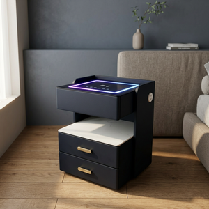 Modern Minimalist Nightstand Tempered Glass Top 2 <b>Drawers</b> Wireless Charging Bedside Table <b>Black</b> Multi-Purpose Bedroom Furniture - Product Image 1