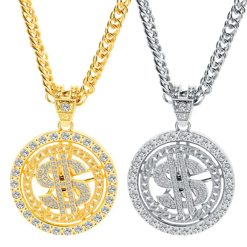 Hip Hop Rotatable US Dollar Pendant Necklace Bling Ice Out Crystal Rock Rapper Women Men Jewelry