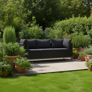 Sofá de Jardín de Ratán Negro de Tres Plazas con Estructura de Acero con Recubrimiento en Polvo, Muebles de Exterior de Diseño Contemporáneo con Cojines Impermeables - Product Image 2