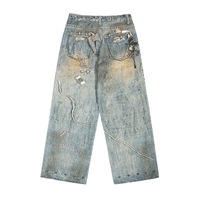 Haute qualité Vintage Streetwear nouveau Design jambe droite mode jean en détresse lavage coupe ample bouton décoration 3D lavable