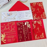 Ensemble d'invitations de mariage rectangulaires de style européen, rouge et or, à trois volets, bilingues chinois-anglais, avec dragon et phénix estampés à l'or
