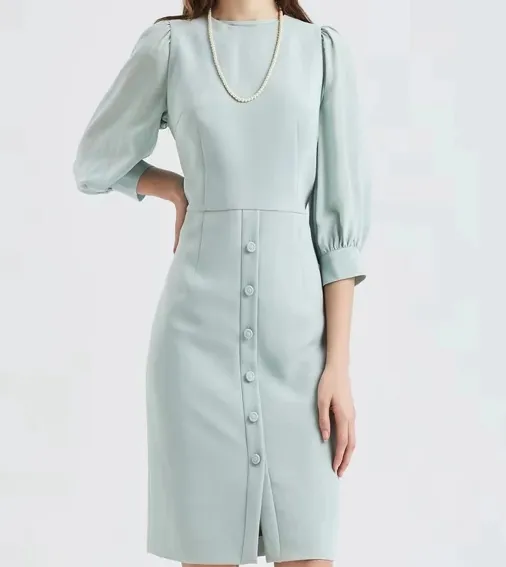 Rok pendek berkancing tunggal lengan gelembung khusus desainer kualitas tinggi dengan gaun celah ikat pinggang pabrik Tiongkok