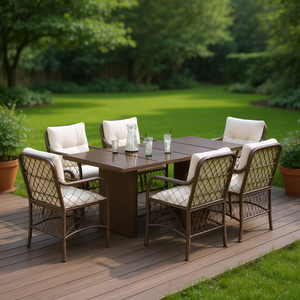 Set da Pranzo da Giardino Bianco Crema e Marrone per 6 Persone, Resistente alle Intemperie, Design Contemporaneo - Product Image 2