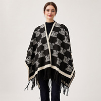 Jacquard Lettre Couverture Châles Pashmina Châle Dames Ouvert Avant Noir Longue Écharpe avec Frange Chaud Pashmina Écharpe