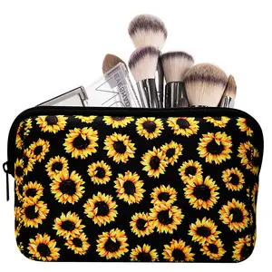 Sunflower Floral Makeup Bag Waterproof Soft Neoprene Travel bag,Zippered Storage Pouch Printing Toiletry bag Pencil Case