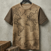 T-shirt pour homme avec logo personnalisé, imprimé carte du monde vintage - 100% coton tricoté, lavé, texture rétro, manches courtes, OEM/ODM