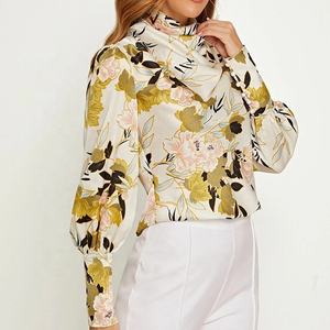 New Spring Elegante Regular Fit Collo Alto Manica Lunga Floreale del <span class=keywords><strong>Raso</strong></span> Delle Donne <span class=keywords><strong>Top</strong></span> - Product Image 3