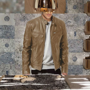 Blouson moto décontracté pour homme en cuir de mouton, coupe ajustée, col à revers, fermeture éclair, hiver, logo avant, coupe-vent, écologique - Product Image 2