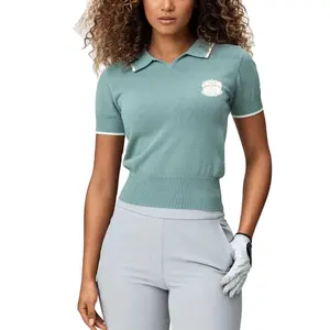 Custom Logo Pure Cotton Knitted Crop Top V-neck Golf Polo Shirt for Women