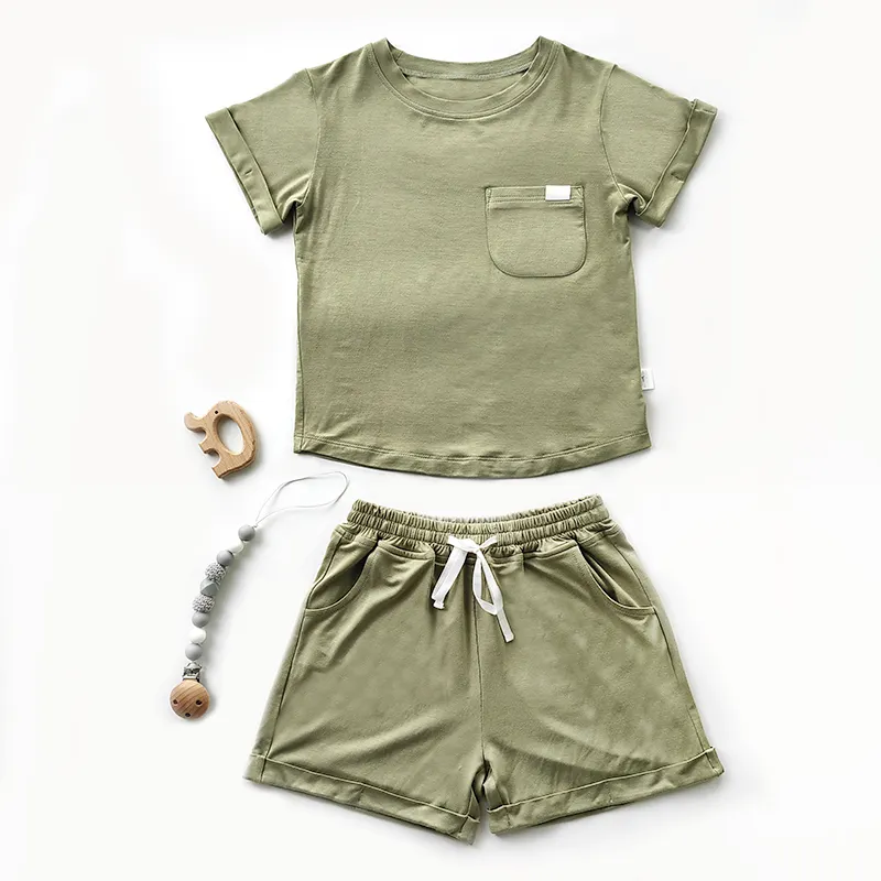 Zomer Korte Mouw Effen Unisex Baby Bamboe Kleding O-hals Pullover Top 2 Stuks Baby Kleding Set Oem/Odm Service