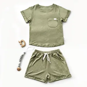 Yaz kısa kollu katı unisex bebek bambu giysi o-boyun kazak üst 2 adet bebek giyim seti OEM/ODM hizmeti