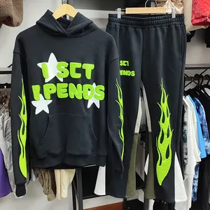 Yüksek kaliteli eşofman puf baskı yığılmış pantolon ve hoodie erkekler setleri streetwear erkek flare eşofman