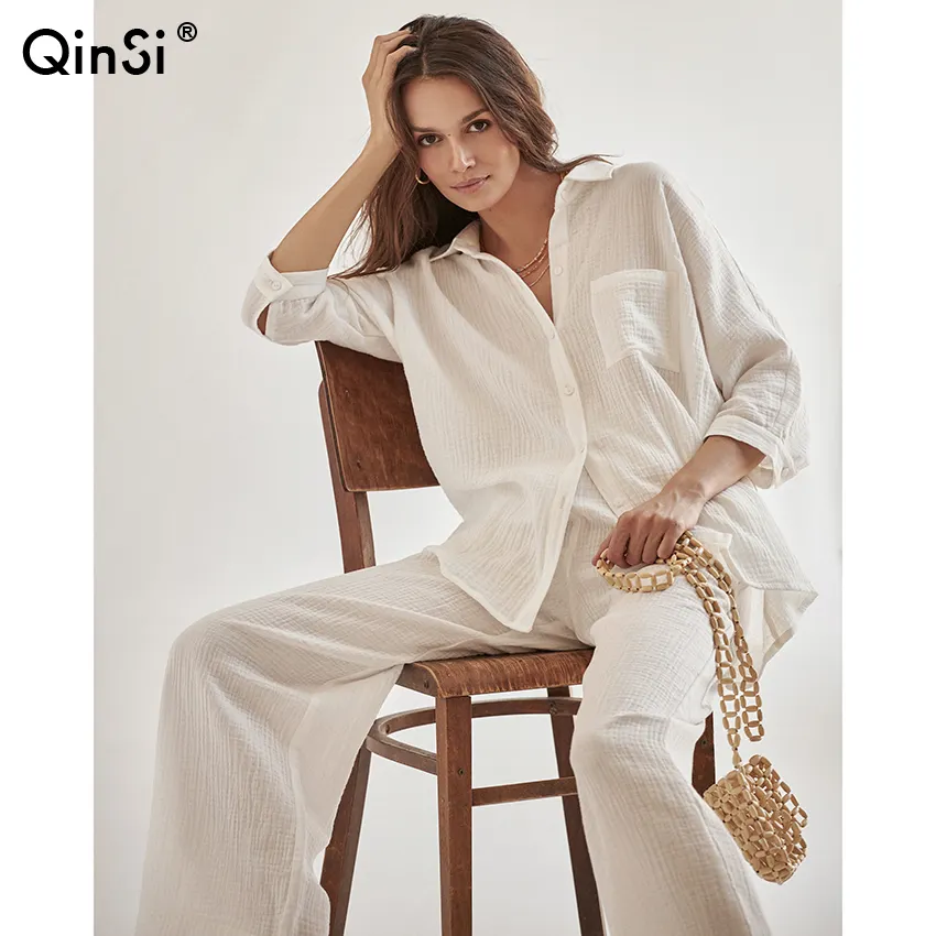 QINSI kaki col rabattu pyjamas ensemble poche femmes costume trois quarts manches nouveau dans les ensembles assortis coton blanc vêtements de nuit