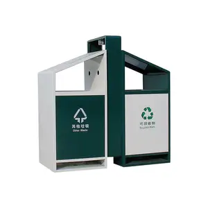 Outdoor Public Commercial Rubbish Waste Bin Large Metal Sorting Garbage Trash Can 2 Compartment Recycle Dustbin