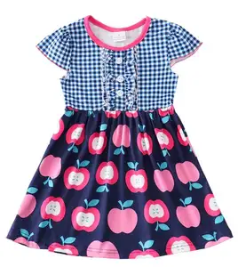 Новое летнее индивидуальное платье с коротким рукавом для девочек с синей сеткой и принтом яблок с оборками и пуговицами для маленьких девочек
