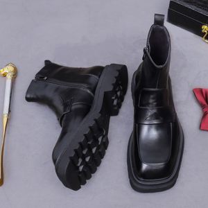 Bottes pour hommes en cuir véritable, style britannique, avec fermeture éclair latérale, chaudes, à bout carré, pour affaires, rehaussantes - Product Image 3