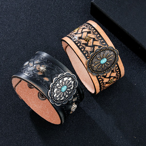 <b>Leather</b> <b>Bracelet</b> With Petal Metal Inlay And Turquoise Vintage Style Fashion Wrap <b>Bracelets</b> - Product Image 4