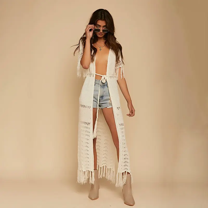 2022 New Bikini Cover Up Solid Knit Crochet Badeanzug Bademode Großhandel Beach Cardigan für Lady Swimwear Beach wear Long Badeanzug