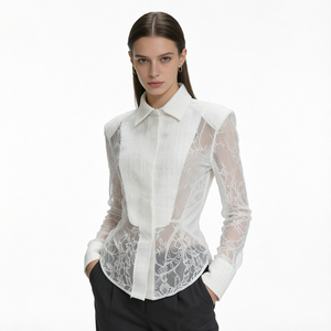Chemisier élégant à col français en dentelle pour femme, coupe ajustée, manches longues, collection printemps, style boutique - Product Image 1